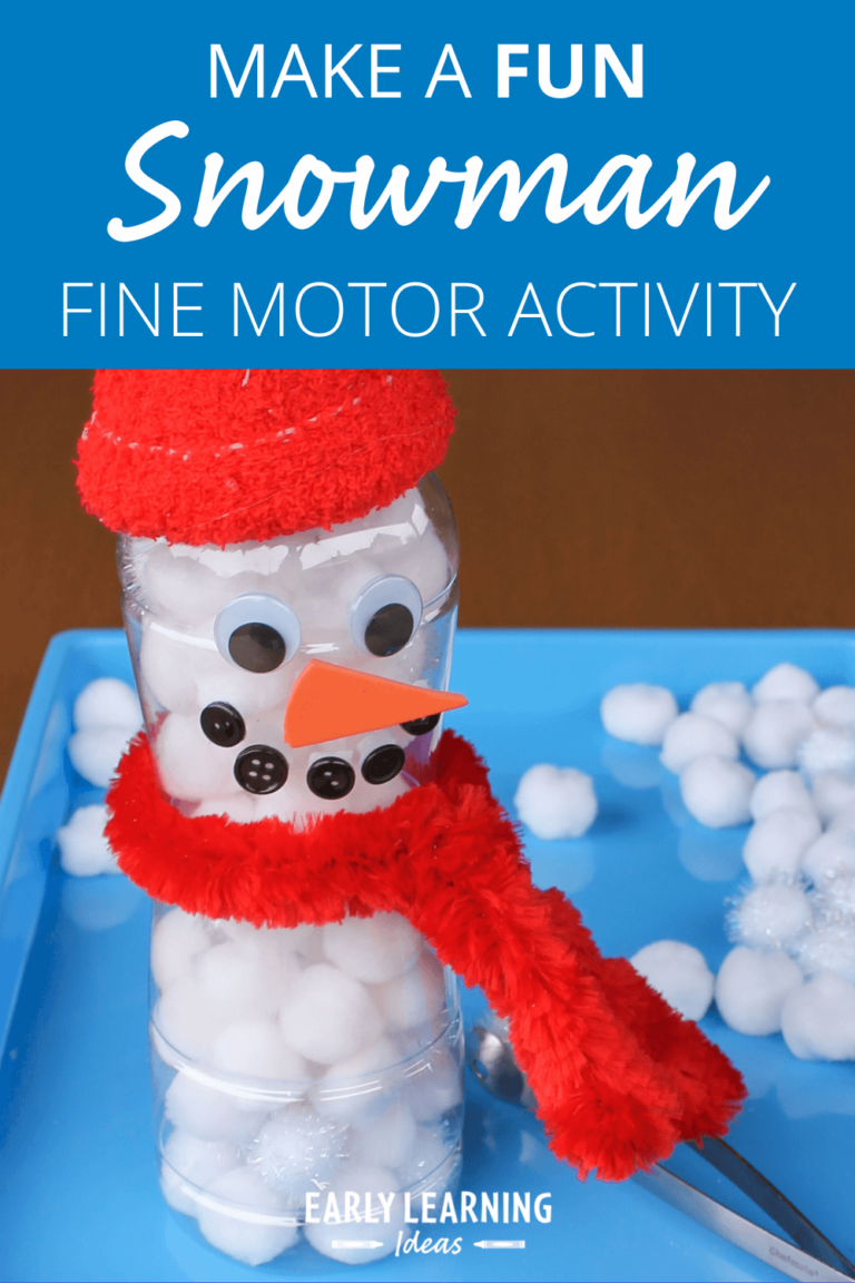 snowman fine motor activity made from a plastic bottle and pom poms