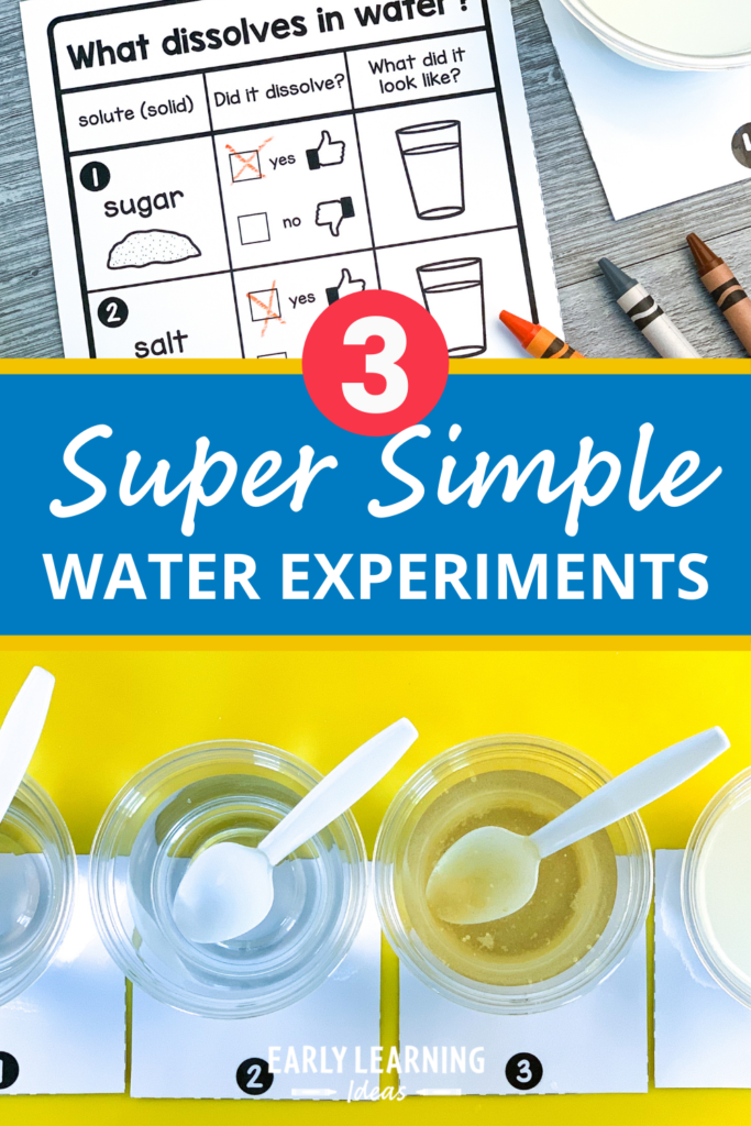 Try these fun science activities with water. These water experiments for preschoolers are super easy and will help you confidently teach science to kids in an age-appropriate way. Use these scientific projects in your science center or as a small group activity. Your kids will love these dissolving activities, sink or float activities, and testing containers. Use the scientific method & make science fun for kids in preschool, prek, and kindergarten. Get the free printable guide today
