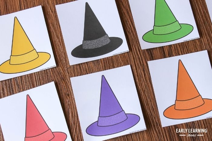 colorful witch hats from a Halloween game for preschoolers