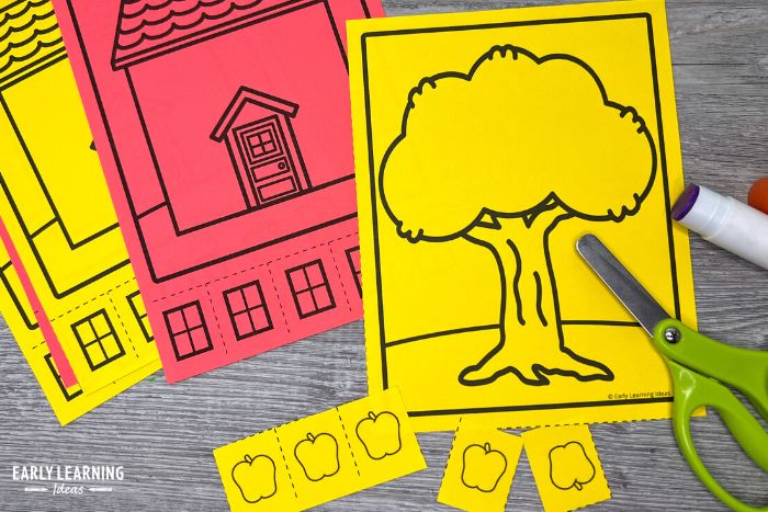 easy cutting and pasting activities - apple tree and house - an example of a printable cutting practice activity