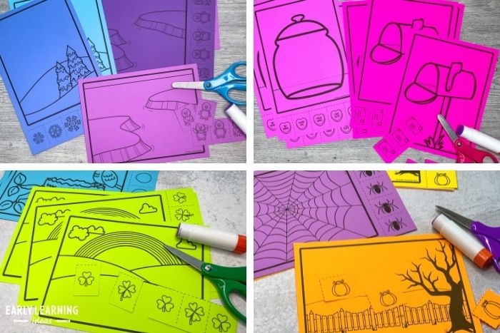 cutting and pasting activities printables for preschoolers.  This is a collage of 4 different seasonal cut and paste activities used to illustrate 1 of 6 different fine motor skills activities for preschoolers.