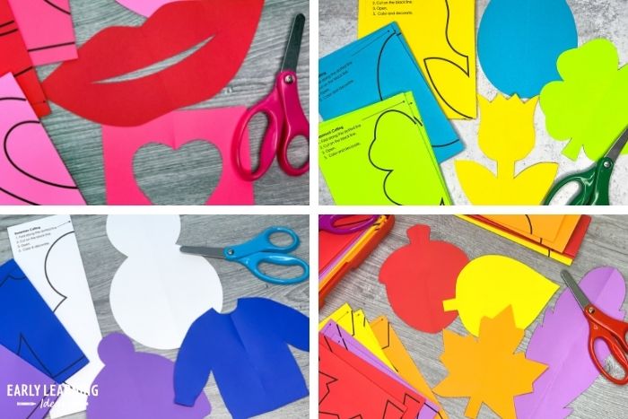 Scissor Skills fold and cut activities.  The image is a collage of 4 different seasonal activities (Valentine's Day, spring, fall, and winter)  The scissor skills activities are examples of fun fine motor skills activities for preschoolers.
