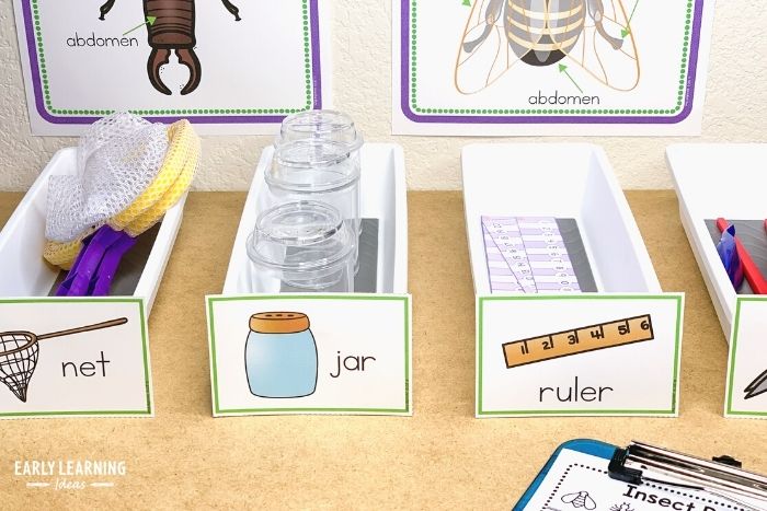 Props for an insect theme dramatic play area.  Photo includes bug nets, bug jars, rulers, and tweezers as an example of fun insect activities for preschoolers.