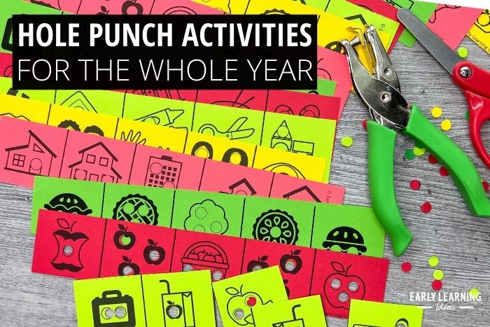 Apple theme hole punch activities  for preschool .  The apple hole punch strips include apples, cores, baskets, juice boxes, lunch boxes on bright red, green and yellow paper with a green hole puncher and a red pair of scissors.