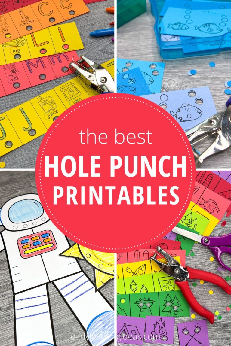 hole punch printables for kids. The images include an alphabet hole punch activity, a pirntable ocean theme hole punch card, an astronaut hole punch craft activity, and hole punch and cut strips.