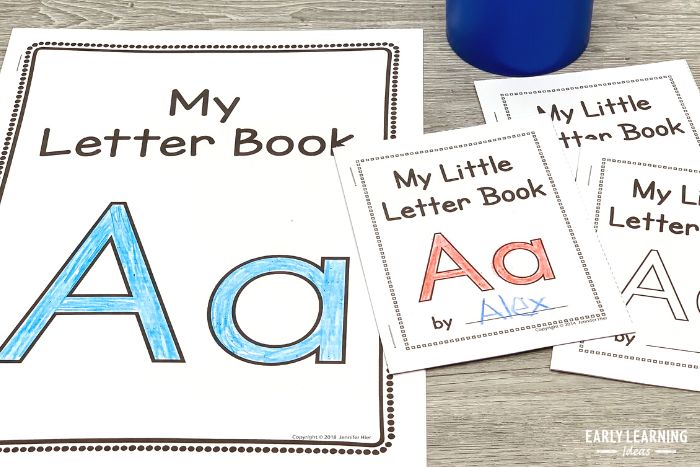 Two Sizes of alphabet Books for each letter of the alphabet.  Picture of a full-page letter A book and small letter A books.