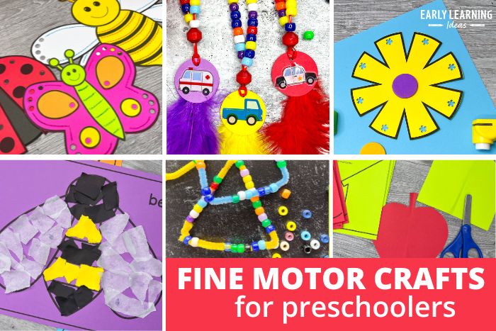 fine motor crafts for preschoolers.  The image collage includes some printable insect fine motor crafts, beaded necklaces, beaded shapes, a flower craft, a bumblebee tearing paper craft, and an apple craft fo rkids.
