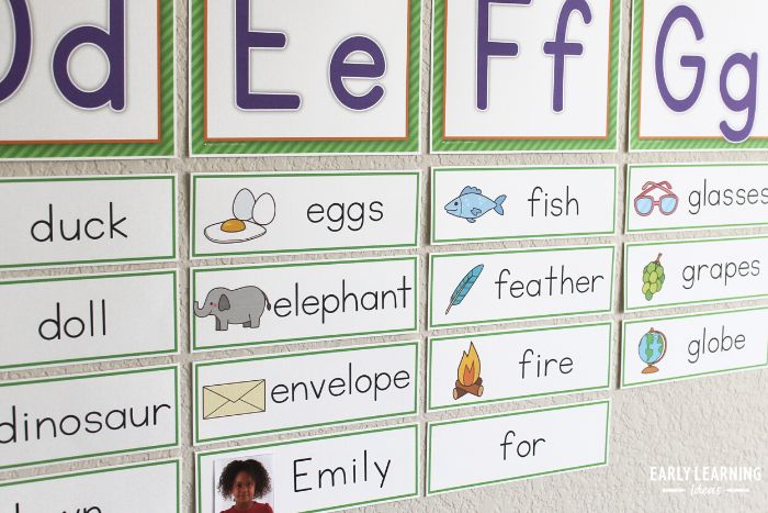 A preschool word wall featuring letter D, E, F, and G.  The wall has words with images, sight words, and name cards.  The wall can be used for alphabet activities and phonological awareness activities.