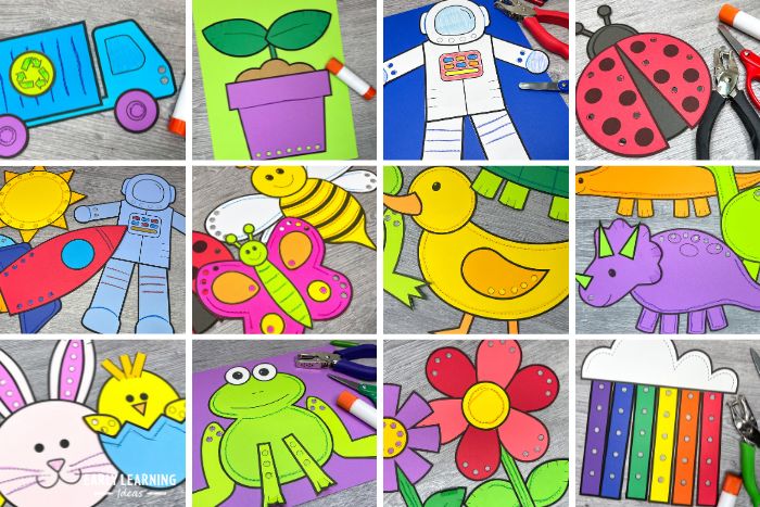 A grid with a variety of printable fine motor crafts for preschoolers and kindergarteners. The images include a recycling truck, Earth day seedling, astronaut, ladybug, rocket, sun, butterfly, bumble bee, duck, dinosaurs, bunny, chick, frog, flowers, and rainbow crafts to practice scissor skills, build hand strength with hole punch, and pre-writing practice.  The crafts are hole punch activities for kids.