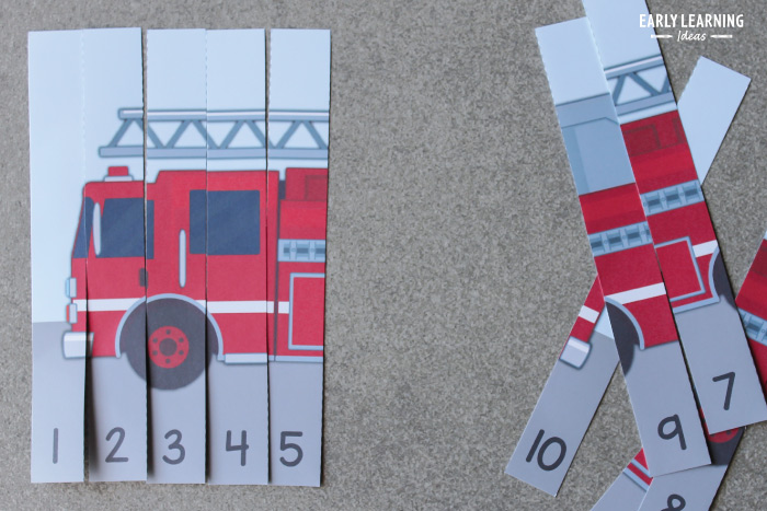 putting together the free firetruck printable number puzzle