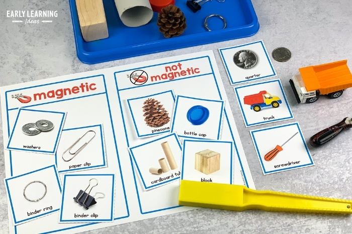 A preschool physical science experiment to see if items are attracted to a magnet or not attracted to a magnet