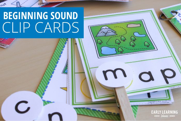 beginning sound clip cards featuring the CVC word map.  The letter m clip is attached to the card to build the word map.
