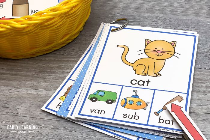 CVC rhyming clip cards showing a rhyming match with the words cat and bat a phonological awareness activity.