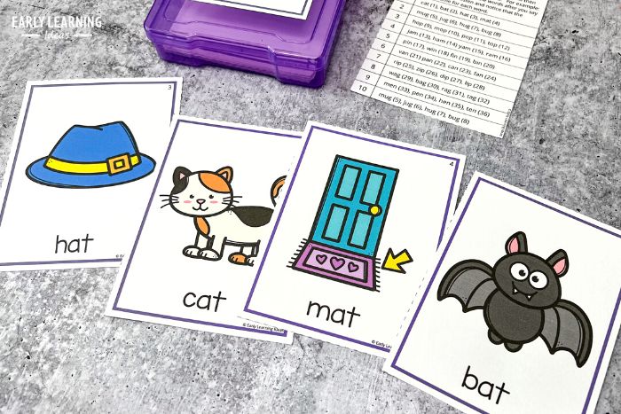 how to teach rhyming words with rhyming awareness exercises.  Repeat a set of 4 rhyming words on cards.  The cards say hat, cat, mat, bat.