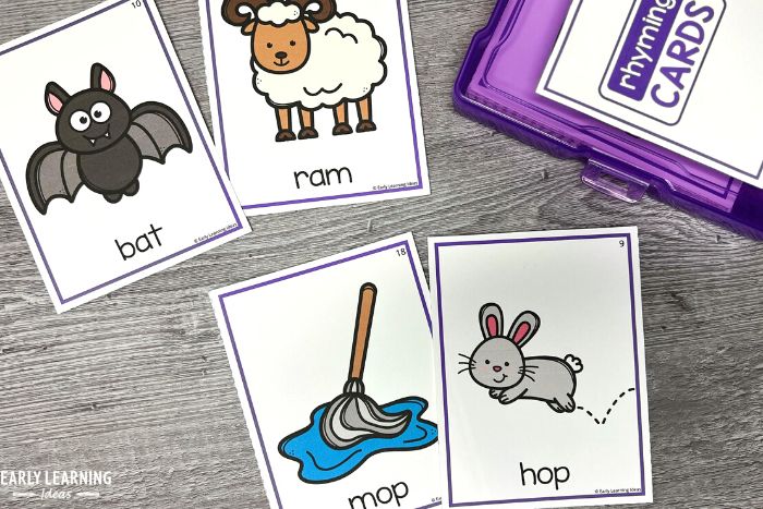how to teach rhyming words to kids in preschool with this rhyming pairs exercise.  2 pairs of rhyming picture cards are shown to kids (bat, sheep and mop, hop).  Kids will choose the pair that rhymes.