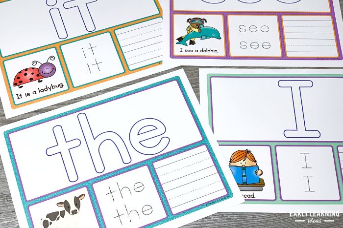 sight word activities for pre k and kindergarten featuring the words the, it, I,, and, see