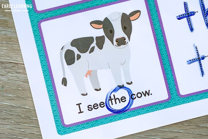 A pIcture of a cow on a printable  sight word activities for preschool and kindergarten
