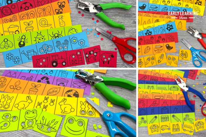 4 different images of hole punch fine motor skills activities for preschoolers.
