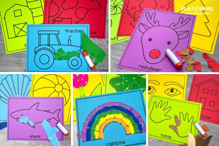 5 different images of torn paper  activities used as examples of fun fine motor skills activities for preschoolers.