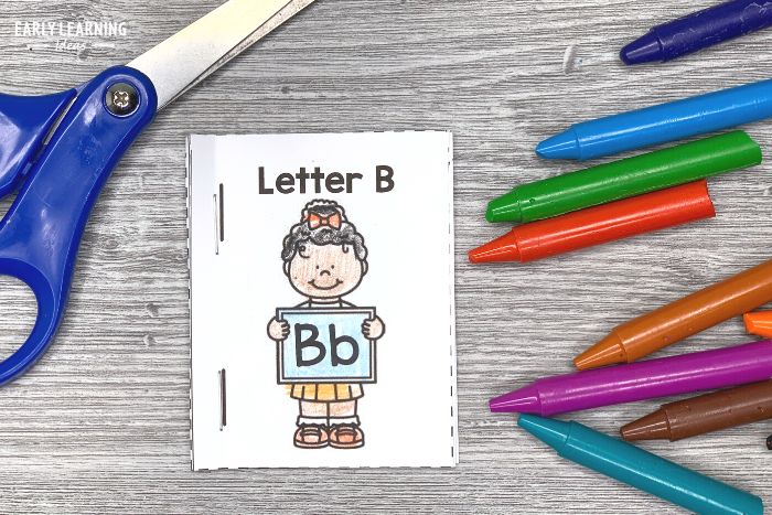 A finished small letter B book after a child has cut the pages apart and stapled them together.  Example of fun ways to teach the alphabet.