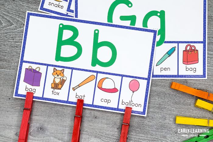 Letter sound clip cards are a great way to teach kids uppercase and lowercase letter recognition and letter sounds.  An example of 1 of 8 fun ways to teach the alphabet.