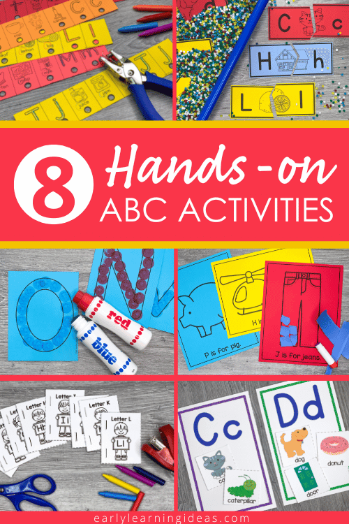 8 fun ways to teach the alphabet for preschools. Image includes pictures of 8 different hands-on activities to teach alphabet identification, letter sounds, and letter formation.