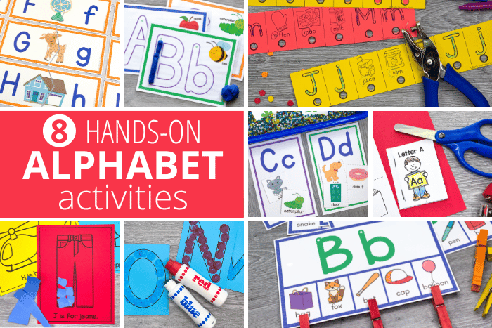 8 fun ways to teach the alphabet for preschools.  Image includes pictures of 8 different hands-on activities to teach alphabet identification, letter sounds, and letter formation.

