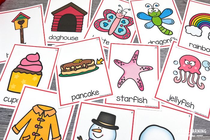 The first step of how to teach syllable awareness is to begin with compound words.  A variety of compound word cards for a syllable awareness activity are shown.