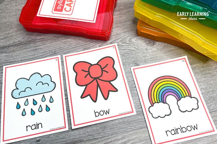 teach syllable awareness with word cards.  A rain, bow, and rainbow card are shown as an example.
