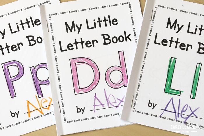 Small printable alphabet books for each letter.  This image features the covers of a letter P, D, and L book with the large letters on each cover colored in with crayons.