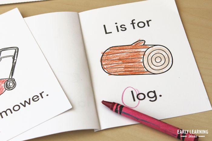 an example of printable letter books for preschoolers.  A letter L book with a page open and featuring the picture of a log.