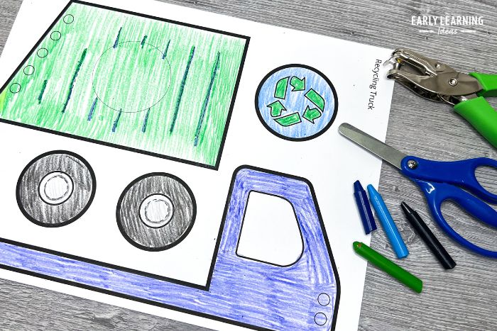 one page no-prep recycling truck or garbage truck  printable Earth day craft and fine motor activity for preschoolers