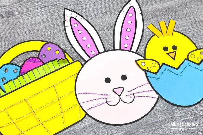 Easy Easter crafts for preschoolers. A printable Easter basket, Easter bunny, and a chick.