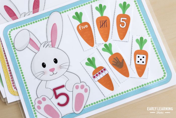 bunny math activities for preschool and kindergarten. Printable bunny math activity. A number 5 bunny math mat and a variety of number 5 carrots.