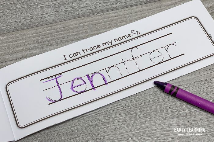 A name tracing page in the personalized name writing practice book for preschool.