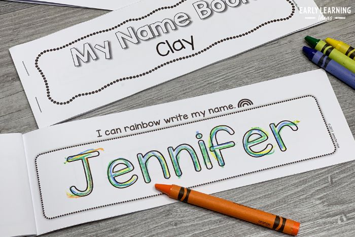 A page of the personalized writing name activity book.  The name is printed in bubble letters so that kids can rainbow write the letters.