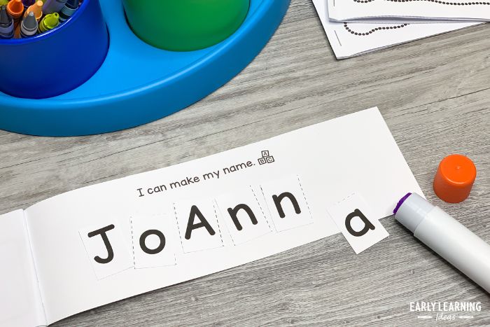 Another page option in the personalized name writing practice books.  You can print letters that kids can glue to build their name.
