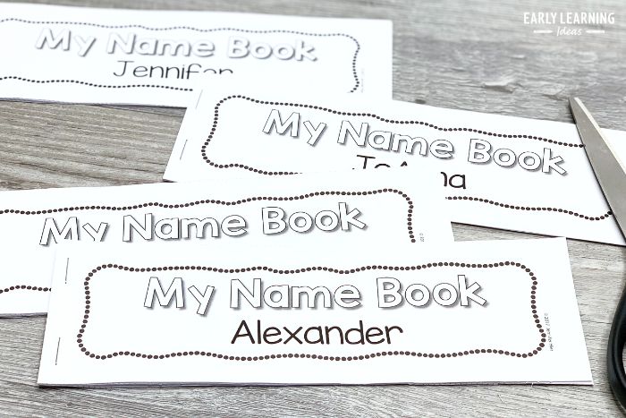 The completely assemble name activity for preschool.  The image shows 4 different personalized name books for preschoolers.
