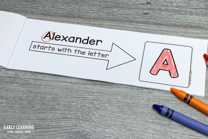 Name writing activity for preschool book page - This page has features the name Alexander and says that Alexander starts with the letter A.