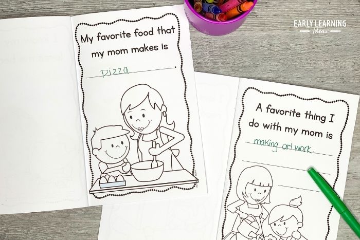 A personalized mothers day book for kids to make.  These pages show My favorite food that mom makes and a favorite thing to do with mom.  The printable pdf is an easy preschool Mothers Day book for kids to make for mom.
