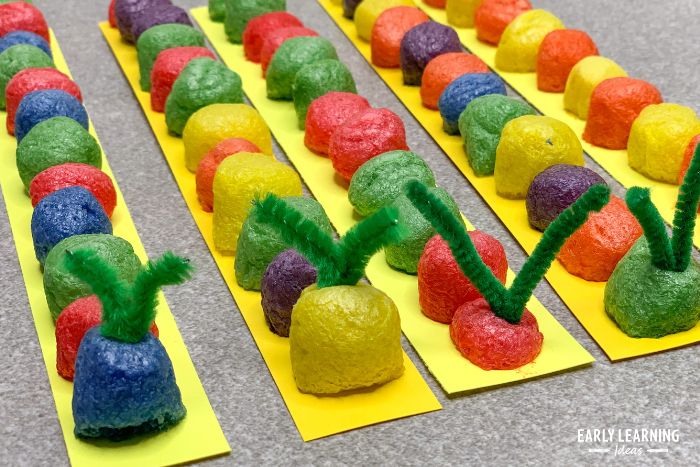 example of caterpillar crafts for preschoolers - a pattern activity, a fine motor activity, and a very hungry caterpillar activity.