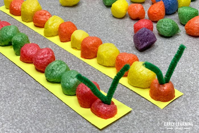 very hungry caterpillar craft for preschoolers
made with craft noodles can be used as a caterpillar pattern activity too.