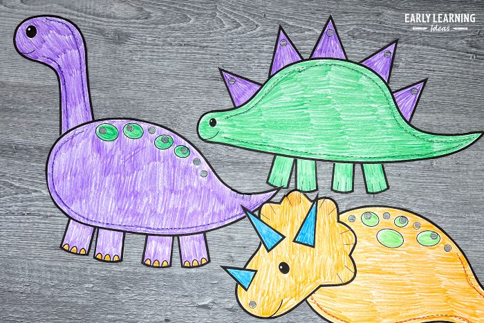 fun and easy fine motor craft printable that is assembled and colored. The printable craft activity includes templates to make a triceratops, a stegosaurus, and an diplodocus.