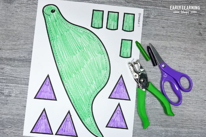 A one-page no-prep stegosaurus dinosaur craft printable that can be used as a fine motor activity to build hand strength, practice tracing, and develop scissor skills.