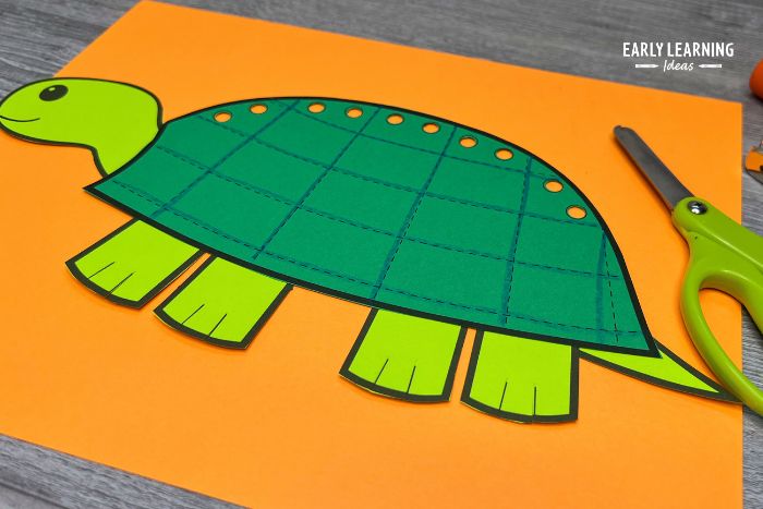A turtle craft is an example of printable and easy pond crafts for preschoolers that will help them with fine motor, cutting, and tracing 
skills.