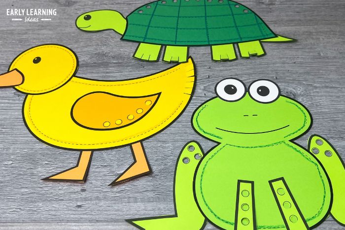 A duck, frog, and turtle printable pond craft activities are examples of fun spring crafts for preschoolers, kindergarteners, and more. An example of printable fine motor crafts for kids.
