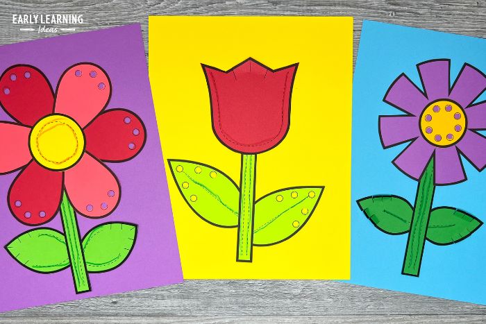 three flower crafts that were printed on bright colored paper. The flower crafts help build fine motor skills and are perfect spring crafts for preschoolers and kindergarteners. An example of printable fine motor crafts for kids.