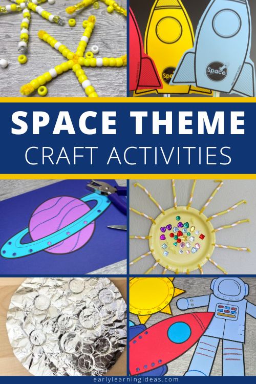 Space themed craft activities for kids The image shows a beaded star craft, straw rockets, a printable planet craft, a sun paper plate craft, a fool moon craft, and printable sun, rocket, and astronaut fine motor crafts. Your kids will love these space Activities for Preschoolers