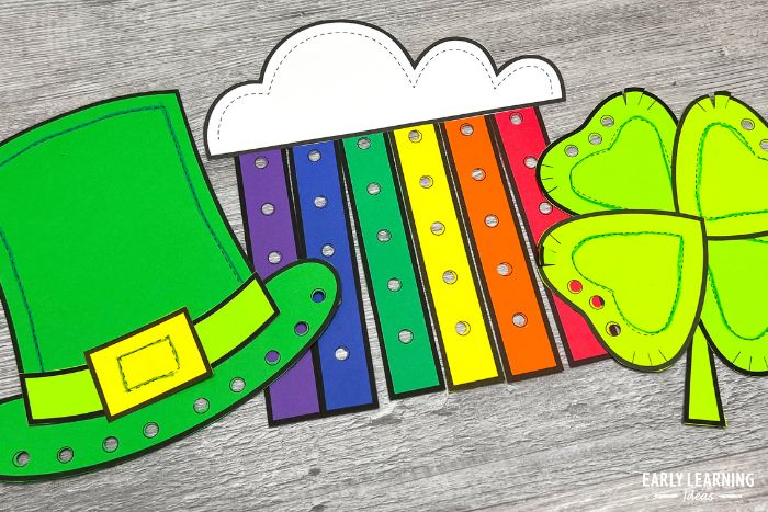 These St. Patricks day crafts are easy spring crafts for preschoolers and kindergarteners.  The leprechaun hat, rainbow, and shamrock craft are also fine motor activities. 