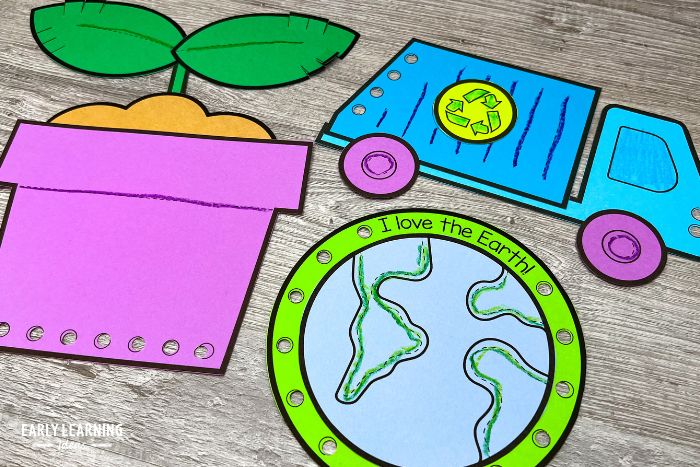 Examples of spring crafts for preschoolers and kindergarteners. These Earth Day crafts include a seedling, a recycling truck, and an earth as an example of printable fine motor crafts for kids..